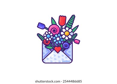 Buquê de primavera florescendo de um envelope traçado estilo cartoon