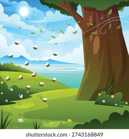 Springtime Buzz Bees Flying Over Green Hills by the Lake