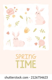 Springtime card with cute rabbit, flowers, leaves on abstract shape with ragged edges. Vector illustration with cartoon animal.