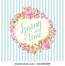 Springtime card with purple sakura and blue tile background. Spring background with Sakura flowers. Label with cherry flowers. Vector illustration.