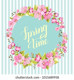 Springtime card with purple sakura and blue tile background. Spring background with Sakura flowers. Label with cherry flowers. Vector illustration.