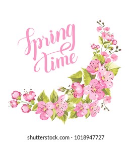 Springtime card with purple sakura on white backgroud. Spring background with Sakura flowers. Label with cherry flowers. Vector illustration.