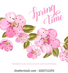Springtime card with purple sakura on white backgroud. Spring background with pink flowers. Label with cherry flowers. Vector illustration.