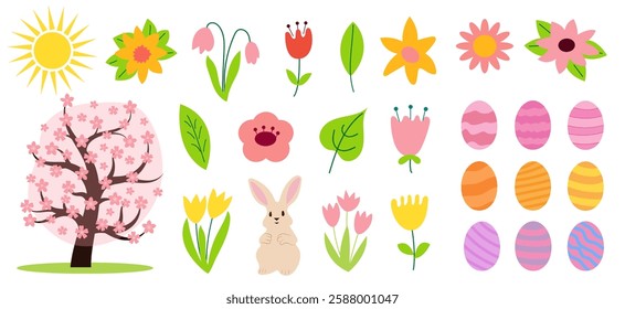 Springtime celebration featuring colorful flowers, a bunny, and Easter eggs in a vibrant design.