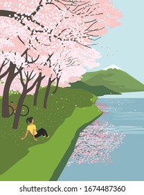 Flores de cerezo en primavera en el disfrute del río afiche vectorial plano. Sakura floreciendo en el lago de césped verde banco paisaje caricatura ilustración. Hermosa plantilla de banderín de la temporada de primavera en la naturaleza