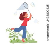 In Springtime Child Gleefully Chase Vibrant Butterflies, Laughter Echoing Through Blossoming Garden. Nature Palette Blooms, Inviting Joy And Exploration In The Warm Embrace Of The Season, Vector