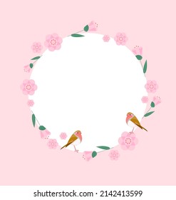 Springtime circle frame with blossoming flowers and birds. Pink pastel colors with copy space and white background. Vector illustration.