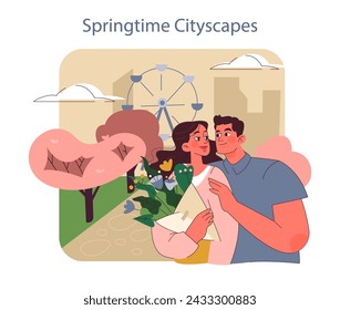 In: Spring Time Cityscapes Theme. Ein Paar teilt sich einen zarten Moment in einem Park mit der Frühlingsblüte und der Riesenrad-Kulisse der Stadt.