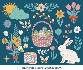Frühlingsclipart auf dunklem Hintergrund. Osterset im flachen strukturierten Stil. Süße Blumen, Eier, Hasen und saisonale Elemente. 