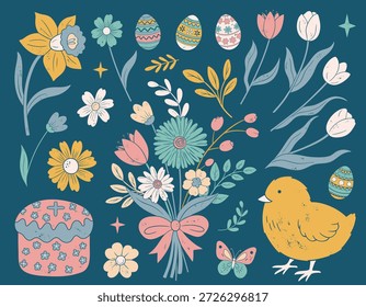 Clipart de primavera sobre fondo oscuro. Conjunto de Pascua en estilo plano texturizado. Lindas flores, huevos, pollitos y Elementos de temporada.