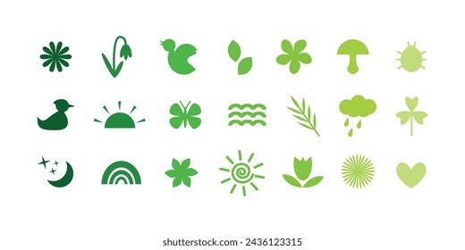 Springtime collection, glyph icons or silhouette illustration set in shades of green, neobrutalism