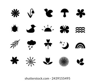 Springtime collection, glyph icons or silhouette illustration set in shades of green, neobrutalism