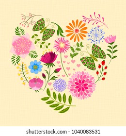 Springtime Colorful Flower and Butterfly in Heart Shape