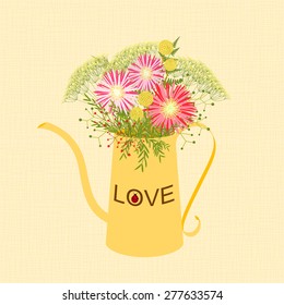Springtime Colorful Flower in Watering Can Garden Party Background