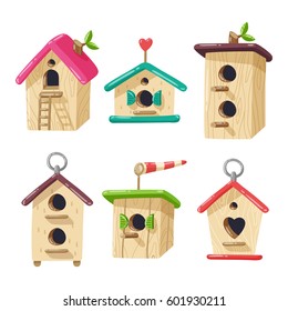 Springtime colorful and fun vector illustration of cartoon birdhouses garden decoration isolated on white background