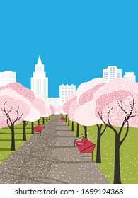 Concepto de primavera. Jardín de la ciudad de los cerezos en flor. Fondo vector plano dibujado a mano. El Sakura florece, el césped fresco y verde. Ilustración vintage de plantillas de banner de la temporada de primavera decorativa