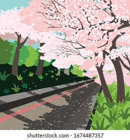 Springtime-Konzept. Kirschblüten, Gasse Gartenweg. Handgezeichnetes Flachdesign-Element. Sakura blühende Gasse Cartoon. Frühlingsferien voller Blütenereignis-Banner-Vorlage. Vektorillustration Vintage-Illustration