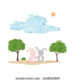 Springtime concept in watercolor technique,adorable rabbits on sunshine day for decorative,kid product,t-shirt or background,vector illustration