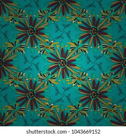 Springtime contemporary abstract flower seamless pattern in yellow, blue and brown colors. Vector illustration.