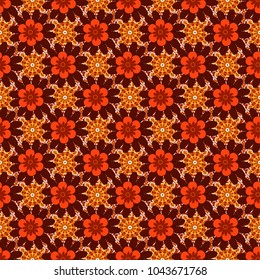 Springtime contemporary abstract flower seamless pattern in yellow, brown and red colors. Vector illustration.