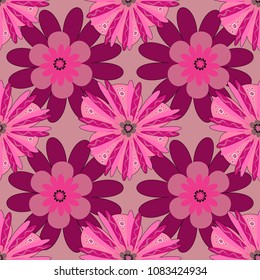 Springtime contemporary abstract flower seamless pattern in purple, magenta and pink colors. Vector illustration.