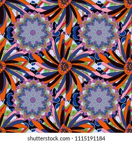 Springtime contemporary abstract flower seamless pattern in black, orange and blue colors. Vector illustration.