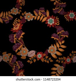 Springtime contemporary abstract flower seamless pattern in black, orange and purple colors. Vector illustration.