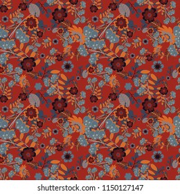 Springtime contemporary abstract flower seamless pattern in blue, red and gray colors. Vector illustration.