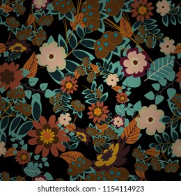 Springtime contemporary abstract flower seamless pattern in brown, blue and black colors. Vector illustration.