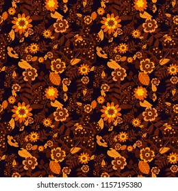 Springtime contemporary abstract flower seamless pattern in brown, black and orange colors. Vector illustration.