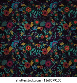 Springtime contemporary abstract flower seamless pattern in brown, blue and black colors. Vector illustration.