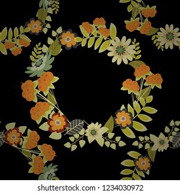 Springtime contemporary abstract flower seamless pattern in yellow, orange and black colors. Vector illustration.