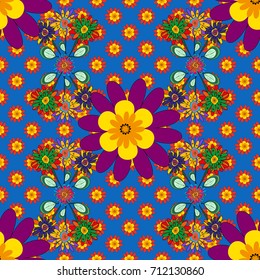 Springtime contemporary abstract flower seamless pattern in red, blue and yellow colors. Vector illustration.