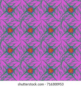 Springtime contemporary abstract flower seamless pattern in green, blue and violet colors. Vector illustration.