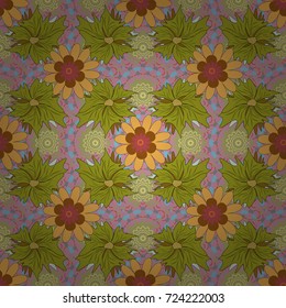 Springtime contemporary abstract flower seamless pattern in brown, yellow and neutral colors. Vector illustration.