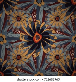 Springtime contemporary abstract flower seamless pattern in blue, gray and yellow colors. Vector illustration.