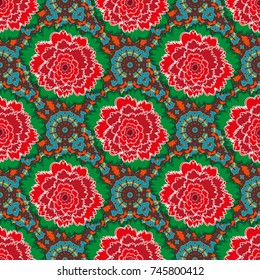 Springtime contemporary abstract flower seamless pattern in red, green and brown colors. Vector illustration.