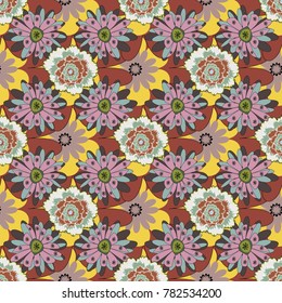 Springtime contemporary abstract flower seamless pattern in brown, green and pink colors. Vector illustration.
