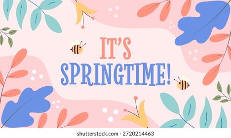 ¡Es primavera! Abejas lindas y flores en flor en una alegre ilustración de primavera.