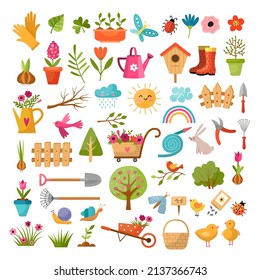 Springtime. Decorative season pictures birds animals flowers branches leaves grass gardening tools recent vector colored template