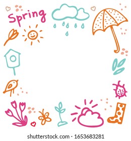 Springtime doodles frame. Vector design elements set with inscription Spring, birdhouse, flower, butterfly, bug, rainy cloud, sun, sprout, hearts, umbrella, gumboot