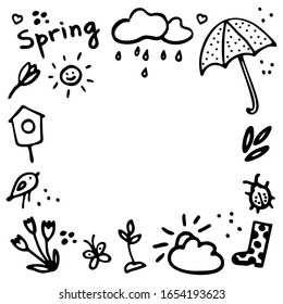 Springtime doodles frame. Vector design elements set with inscription Spring, birdhouse, flower, butterfly, bug, rainy cloud, sun, sprout, hearts, umbrella, gumboot