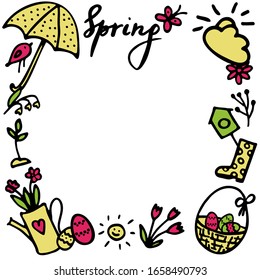 Springtime doodles frame. Vector design elements set with inscription Spring, birdhouse, flower, butterfly, sun, sprout, umbrella, gumboots, flowerpot, easter eggs in basket, bird