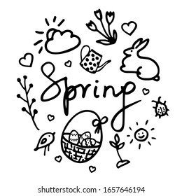 Springtime doodles. Vector design elements set with inscription Spring, flower, bug, cloud, sun, easter eggs in a basket, sprout, teapot, easter bunny and hearts