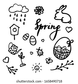 Springtime doodles. Vector design elements set with inscription Spring, birdhouse, flower, bug, rainy cloud, sun, easter eggs in a basket, sprout, teapot, easter eggs and hearts