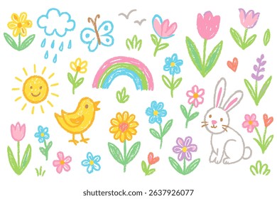 Springtime doodles with whimsical sun flowers tulips and rainbow creating a cheerful and playful vibe