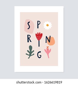 Springtime, Easter artistic greeting card, invitation. Spring text with tulip, daisy, crocus flower, leaf and abstract geometric shapes. Modern minimalist cut out vector drawing, wall art, web banner.