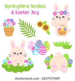 Springtime Easter Bunny with Floral Wreath, Basket, and Painted Eggs in a GardenVector Illustration