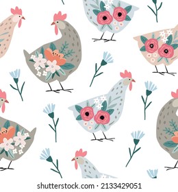 Springtime, Easter hand drawn seamless pattern. Decorative hen birds with meadow flowers. Colorful floral kids design for wrapping, textile. Beautiful vector illustration background, tile.