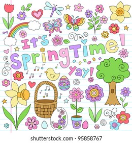 Springtime Easter Notebook Doodles Vector Design Elements Set with Rainbow, Tree, Butterflies, and Daffodil on Lined Sketchbook Paper Background